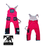 Overalls Red with XO black Pockets, heart patch checkered lining Boys Girls Kids Unisex Sizes