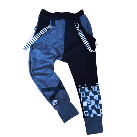 Checkered XO Jogger Kids Pants in Charcoal or Teal Unisex Style