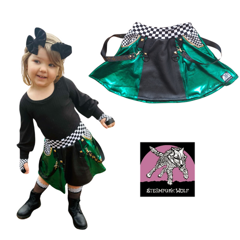 Metallic Green Girls Twirly Skirt Pleather with Punk straps