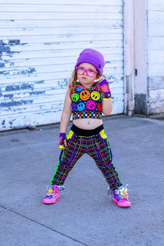 Neon Plaid Pants for unisex kids punk straps