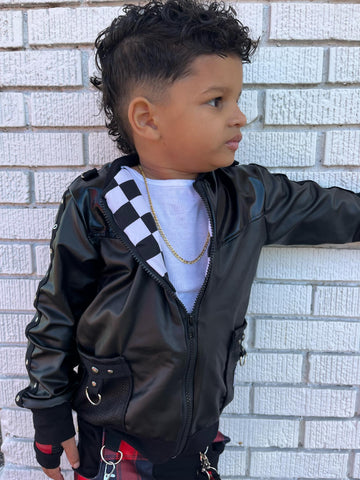 Black Punk Bomber Jacket for Kids in Vegan Leather Unisex boys girls fashion