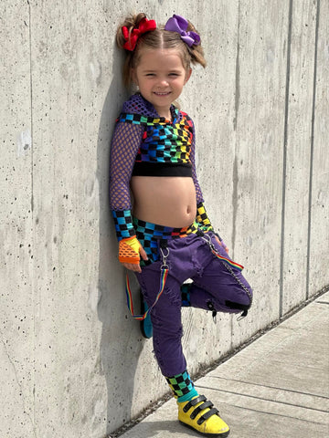 Rainbow Checks Crop Hoodie and Punk Pants with straps for Kids Pride