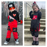 Overalls Red with XO black Pockets, heart patch checkered lining Boys Girls Kids Unisex Sizes