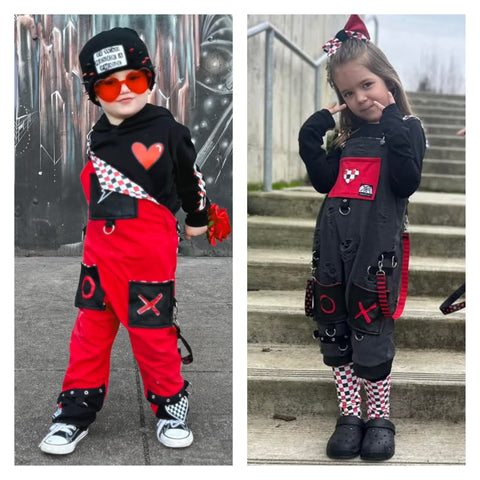 Overalls Red with XO black Pockets, heart patch checkered lining Boys Girls Kids Unisex Sizes