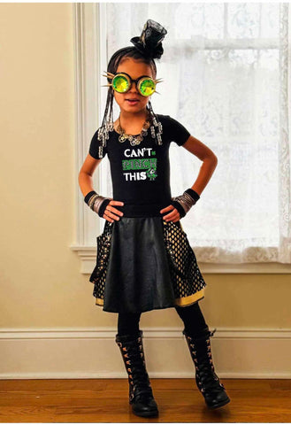 Metallic Gold Girls Twirly Skirt Pleather Mesh with Punk straps