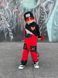 Overalls Red with XO black Pockets, heart patch checkered lining Boys Girls Kids Unisex Sizes