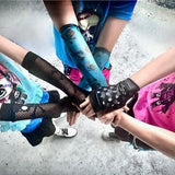 Pink Skull Mesh Arm Warmers Gloves in Blue with black Adults Kids