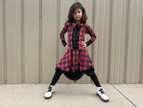 Red Plaid Lace up Dress with Hood Twirly Skirt Grommet Trim for girls