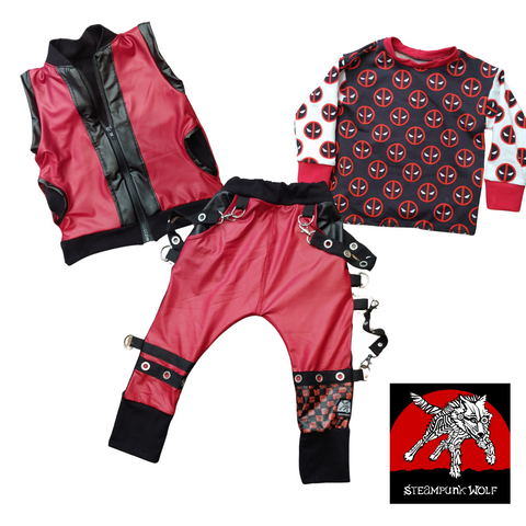 Deadpool Kids Outfit Vegan leather red and black punk boys pants vest shirt