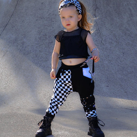 Checkerboard Punk  Pants for unisex kids black and white with straps