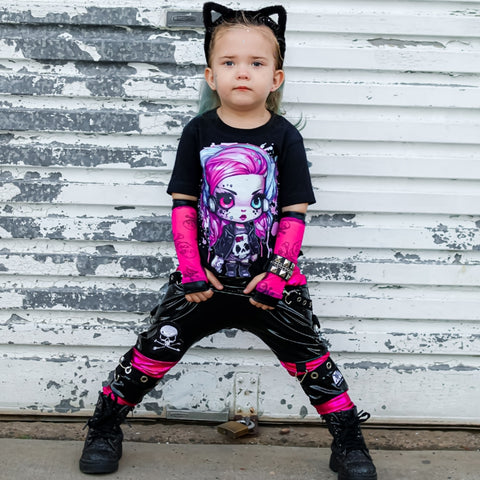 Punk Pleather Pants Pockets  Kids Unisex Boys Girls Black Hot Pink Turquoise