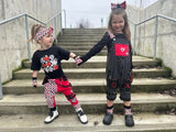 Overalls Red with XO black Pockets, heart patch checkered lining Boys Girls Kids Unisex Sizes