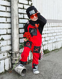 Overalls Red with XO black Pockets, heart patch checkered lining Boys Girls Kids Unisex Sizes